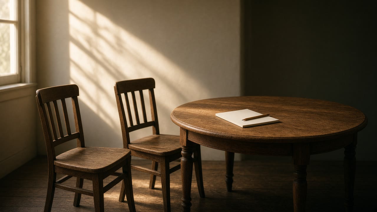 Two empty chairs at a table with a notepad
