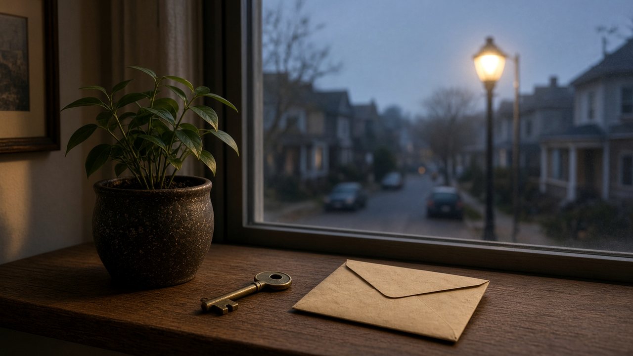 Apartment window at dusk, keys on the sill