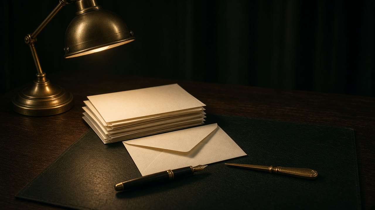 Envelopes and a fountain pen under a desk lamp