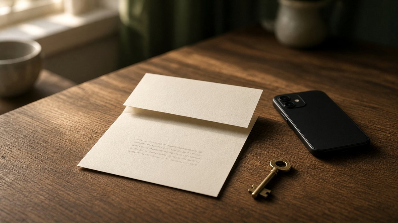 Phone and folded notice on a kitchen table