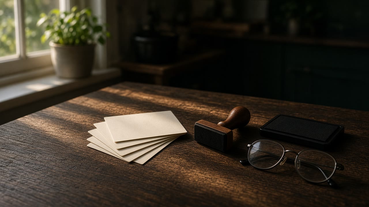 Index cards, a stamp, and glasses on a kitchen table
