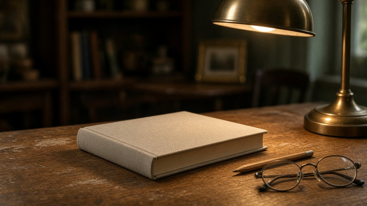 Closed book and glasses on a desk in lamp light