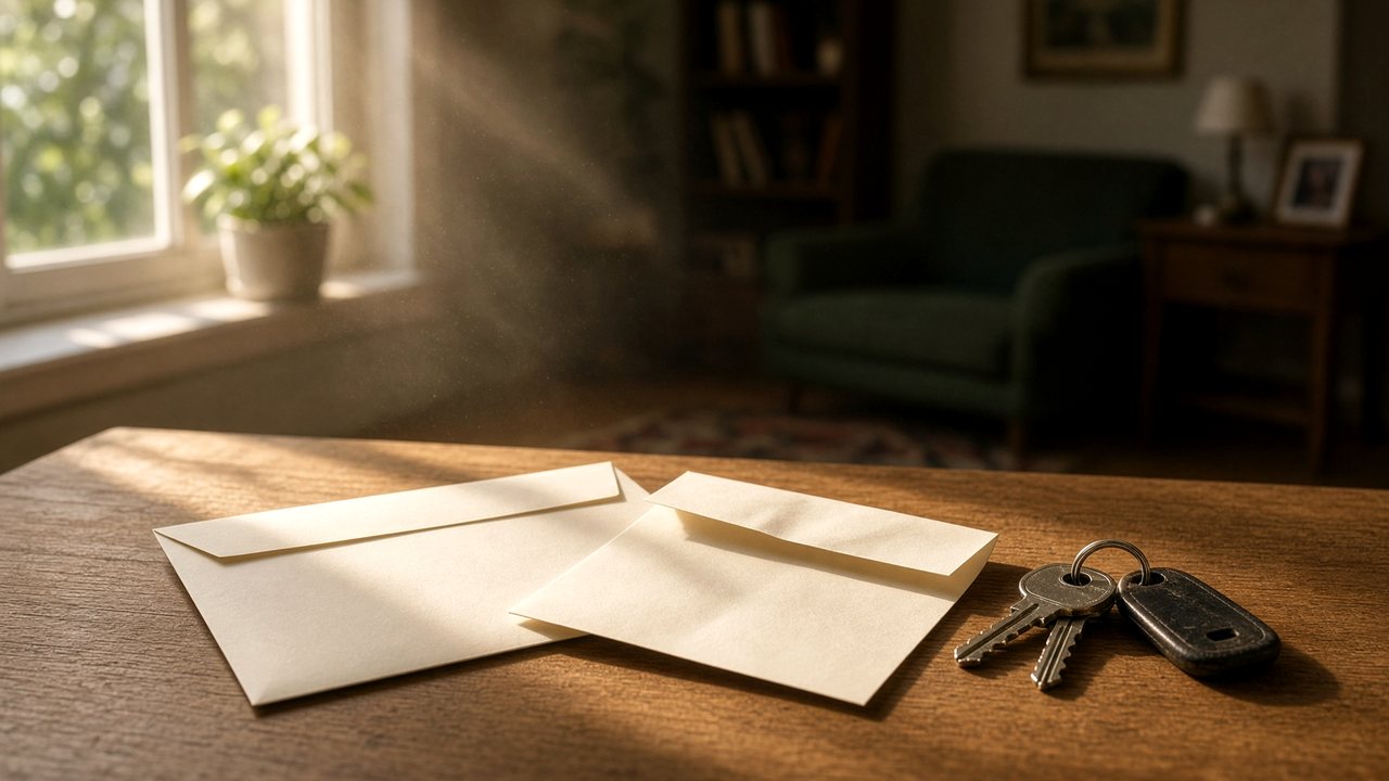 Folded notice and keys on a kitchen table in late light